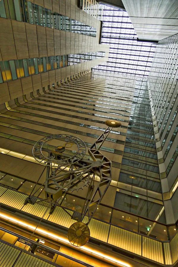 Clock and atrium in Shinjukue NS Building